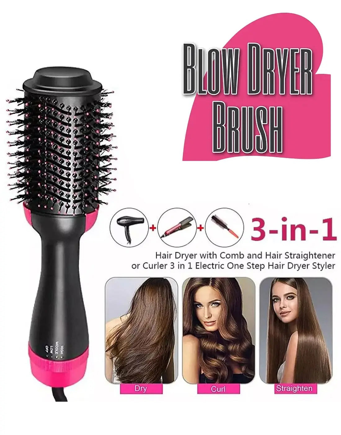 3‑in‑1 Hair Dryer Brush | One‑Step Volumizer & Styler | Dry, Straighten & Curl | Professional Hot Air Brush